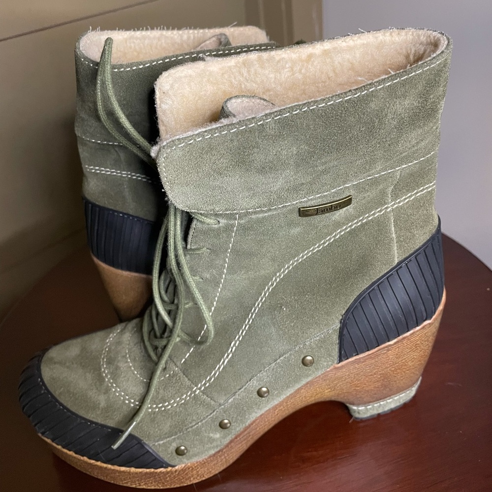 Jambu Semi-Wedge Lace-Up Suede Green Bootie